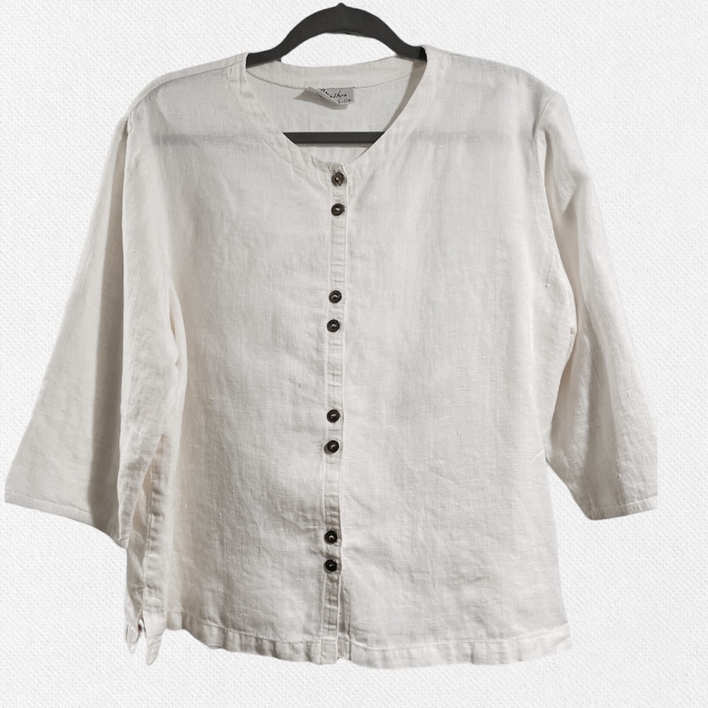 Beautiful Off White Button Front Linen Blouse by Mishi Wearables